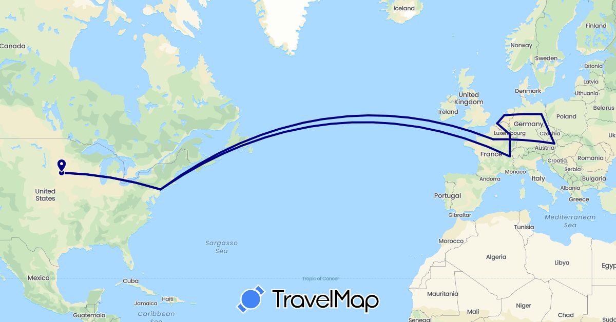 TravelMap itinerary: driving in Austria, Belgium, Switzerland, Germany, France, Luxembourg, Netherlands, United States (Europe, North America)